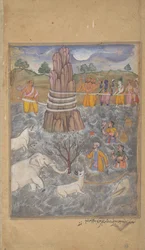 Die Götter und Asuras rühren den Ozean der Milch, Seite aus einem verstreuten Razmnama, ca. 1598-99